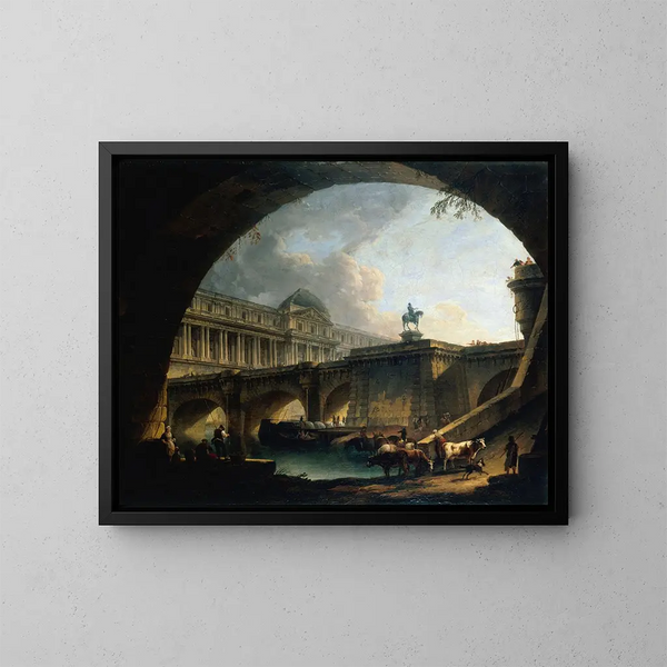 Caprice architecturaal van een paleis geïnspireerd door het Louvre en de Pont Neuf, omlijst door de boog van een brug - Pierre-Antoine Demachy — ingelijst kunstwerk aan de muur