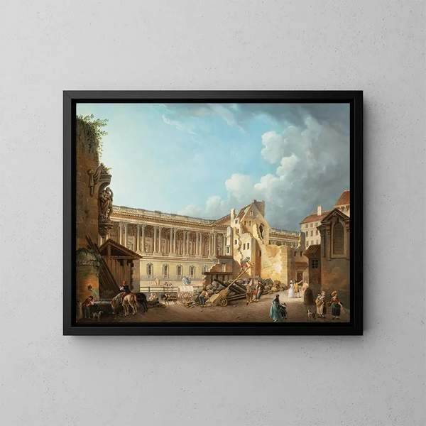 De afbraak van de colonnade van het Louvre tijdens de sloop van de ruïnes van het Hôtel du Petit Bourbon - Pierre-Antoine Demachy — ingelijst kunstwerk aan de muur