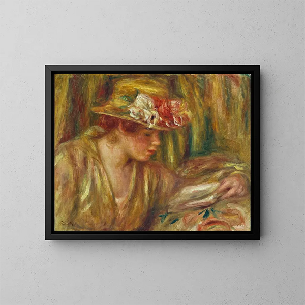 Buste van een vrouw met hoed die leest met haar hoofd naar rechts - Pierre-Auguste Renoir — ingelijst kunstwerk aan de muur