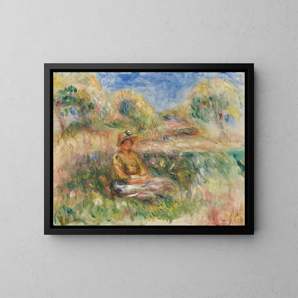 Vrouw zittend in een landschap - Pierre-Auguste Renoir — ingelijst kunstwerk aan de muur