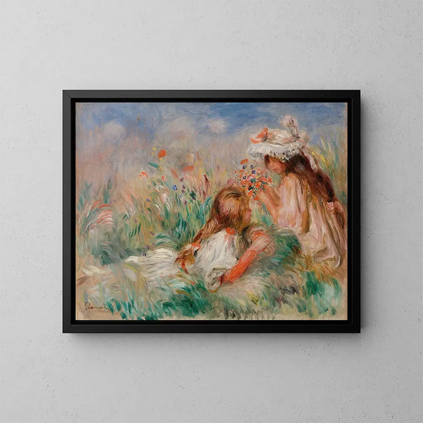 Meisjes in het gras die een boeket regelen - Pierre-Auguste Renoir — ingelijst kunstwerk aan de muur
