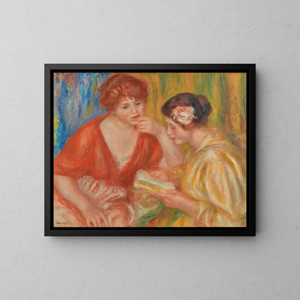De lezing. Twee vrouwen met rode en roze bustes - Pierre-Auguste Renoir — ingelijst kunstwerk aan de muur