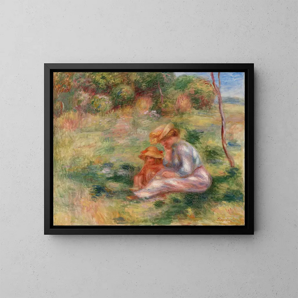 Vrouw en kind in het gras - Pierre-Auguste Renoir — ingelijst kunstwerk aan de muur