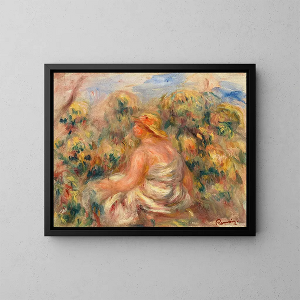 Vrouw met hoed in een landschap - Pierre-Auguste Renoir — ingelijst kunstwerk aan de muur