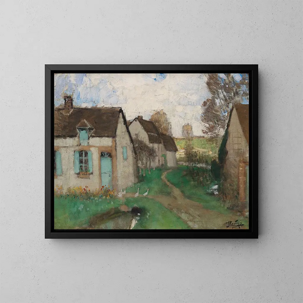 Boerderijen met ramen en turquoise luiken - Pierre-Eugène Montzin — ingelijst kunstwerk aan de muur