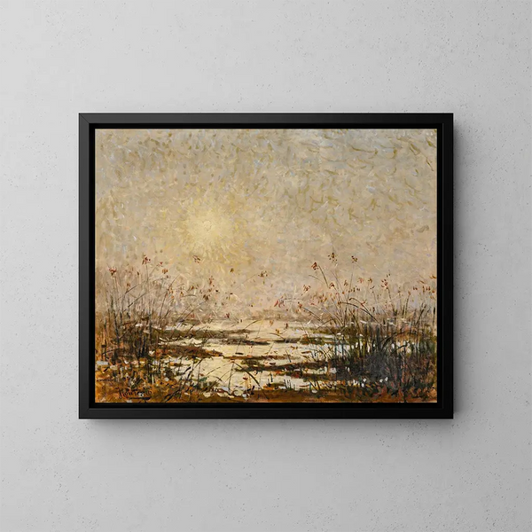 Zonsondergang over het bloeiende moeras - Pierre-Eugène Montzin — ingelijst kunstwerk aan de muur