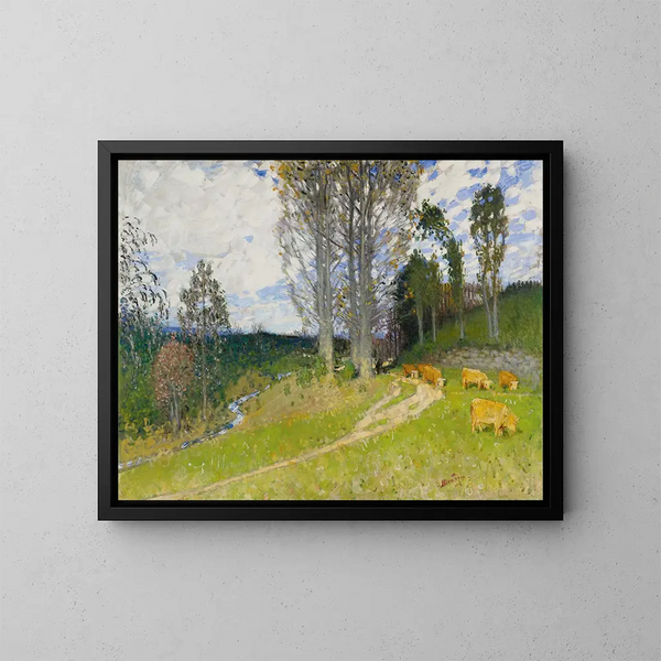 De bergopwaartse weg naar de weide - Pierre-Eugène Montzin — ingelijst kunstwerk aan de muur