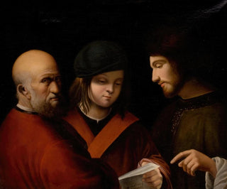 Drie mannen die naar een muziekpartituur lezen - Pierre Carloni — weergave van het kunstwerk