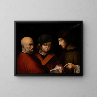 Drie mannen die naar een muziekpartituur lezen - Pierre Carloni — ingelijst kunstwerk aan de muur