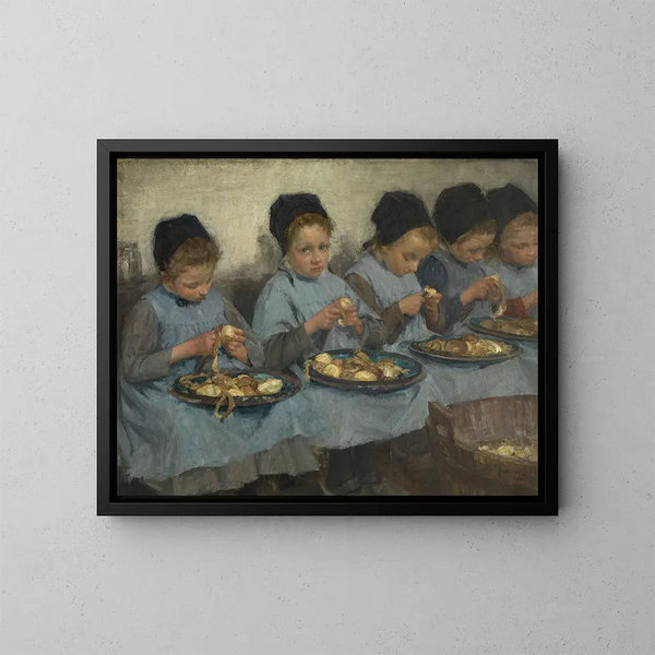 Boerderijdames schilferend aardappelen - Pierre Jacques Dierckx — ingelijst kunstwerk aan de muur