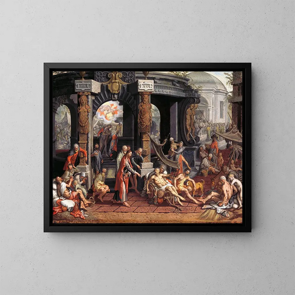 De genezing van de verlamde in het Bethesda-zwembad - Pieter Aertsen — ingelijst kunstwerk aan de muur