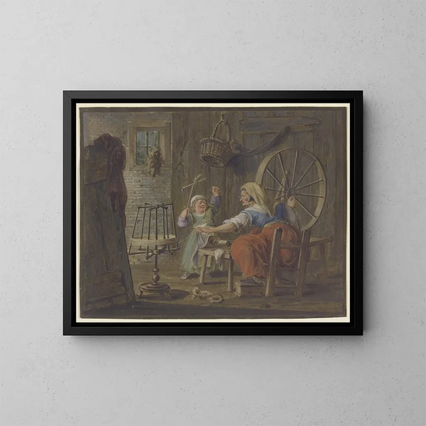 Een oude vrouw breit terwijl een kind met een vogel - Pieter Bartholomeusz Barbiers — ingelijst kunstwerk aan de muur