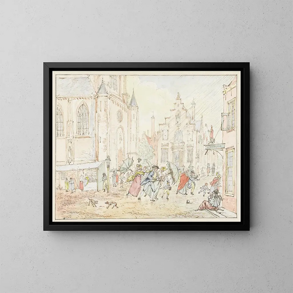 van een plein met mensen onder de regen - Pieter Bartholomeusz Barbiers — ingelijst kunstwerk aan de muur