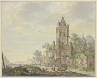 Pieter Bartholomeusz Barbiers - Stadt mit einem alten Turm am Wasser vorne eine Frau bei einem Knaben mit zwei Schafen.webp