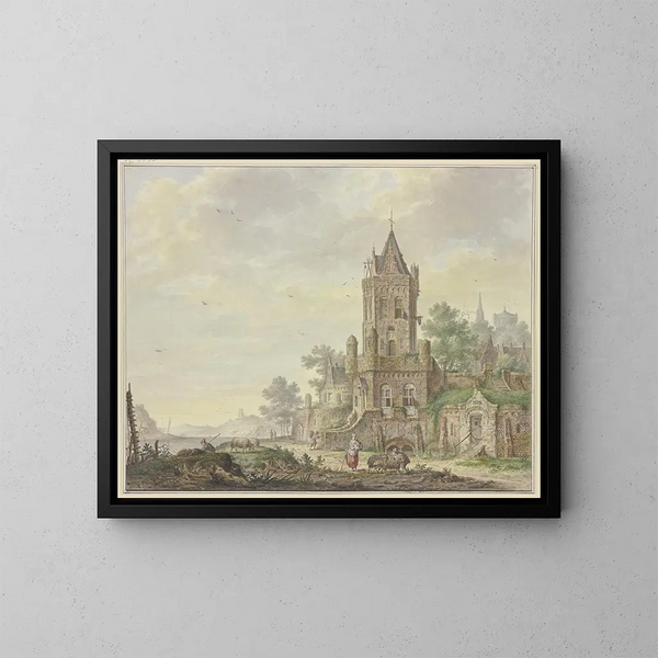 Stad met een oude toren aan de waterkant, een vrouw met een jongen en twee schapen - Pieter Bartholomeusz Barbiers — ingelijst kunstwerk aan de muur