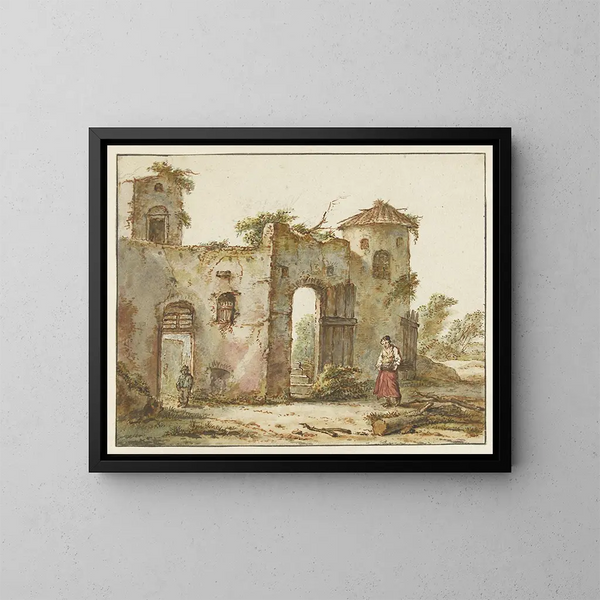 van een vervallen gebouw met rechts een vrouw die hout verzamelt - Pieter Bartholomeusz Barbiers — ingelijst kunstwerk aan de muur