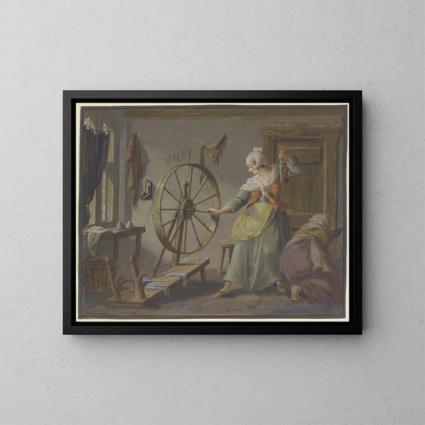 van Twee vrouwen bezig met spoelen en vlasstelen - Pieter Bartholomeusz Barbiers — ingelijst kunstwerk aan de muur