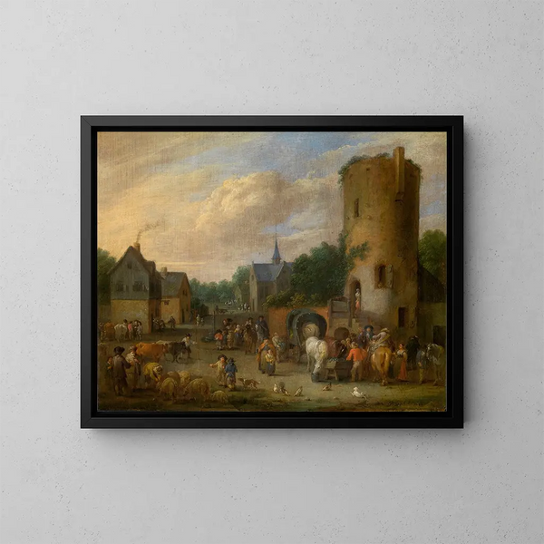 Een dorpsscène - Pieter Bout — ingelijst kunstwerk aan de muur