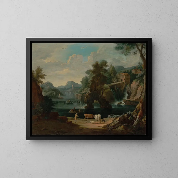 Een herder met koeien aan de rand van een rivier in een waterval - Pieter Bout — ingelijst kunstwerk aan de muur