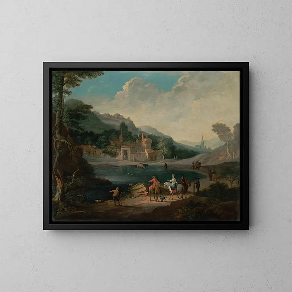 Een elegant paar aan de rand van een meer - Pieter Bout — ingelijst kunstwerk aan de muur