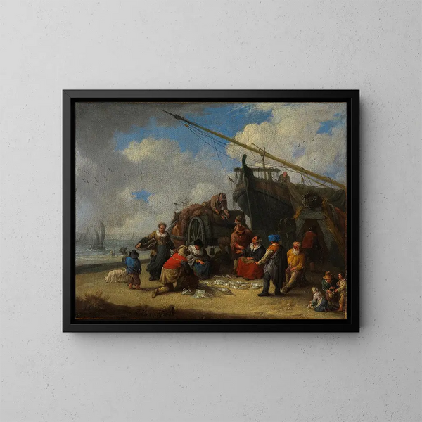 Vismarkt op het strand - Pieter Bout — ingelijst kunstwerk aan de muur