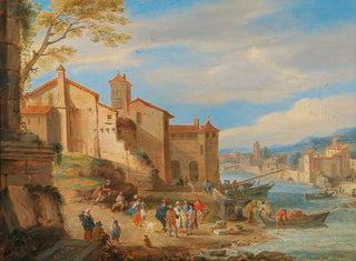 Pieter Bout - The port of Ripa Grande in Rome with merchants conversing.webp