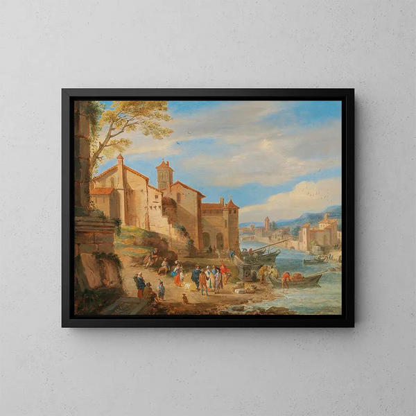 De haven van Ripa Grande in Rome met handelaren in gesprek - Pieter Bout — ingelijst kunstwerk aan de muur
