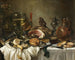 stilleven met een roemer, een aardewerken kruik, een omgekeerde zilveren beker, een ham en andere voorwerpen op een tafelkleed - Pieter Claesz — weergave van het kunstwerk