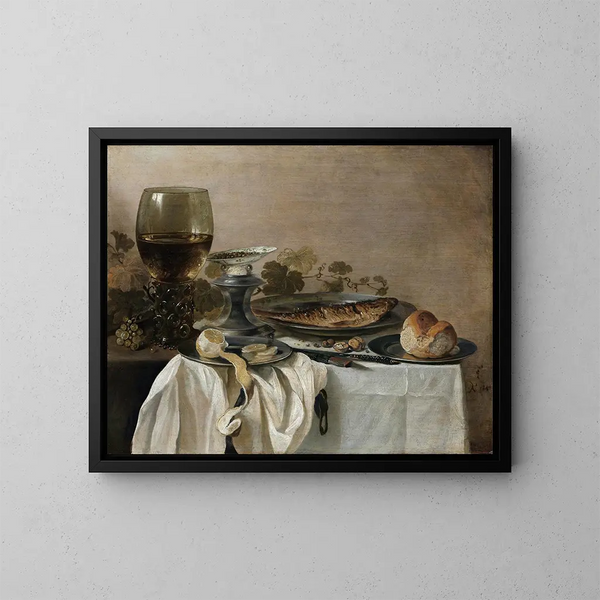 Natuurstudie met een vis - Pieter Claesz — ingelijst kunstwerk aan de muur
