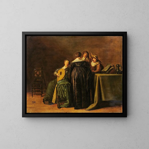van een modieuze compagnie met een vrouw die luit speelt - Pieter Codde — ingelijst kunstwerk aan de muur