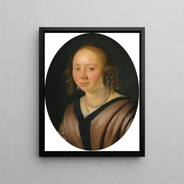 Pieter Cornelisz van Slingelandt - Portrait Of A Lady Head And Shoulders Wearing Pearl Earrings And A Necklace.webp