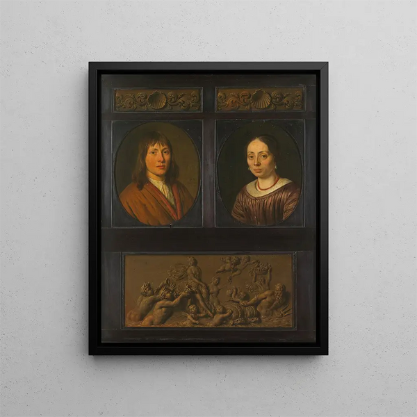 Pieter Cornelisz van Slingelandt - Portraits of a Man and a Woman framed with two ornamental frieze miniatures with shell motif and a Triumph of Amphitrite.webp