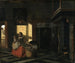 Binnenlands schilderij met een moeder bij een wieg - Pieter de Hooch — weergave van het kunstwerk