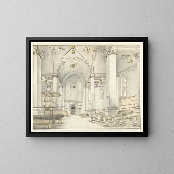 van het uitzicht op de schip van de Nieuwe Kerk in Haarlem en kijkend naar het westen - Pieter Jansz Saenredam — ingelijst kunstwerk aan de muur