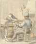Binnenkant met een man die viool speelt, een slapende vrouw en een dansende hond - Pieter Moninckx — weergave van het kunstwerk