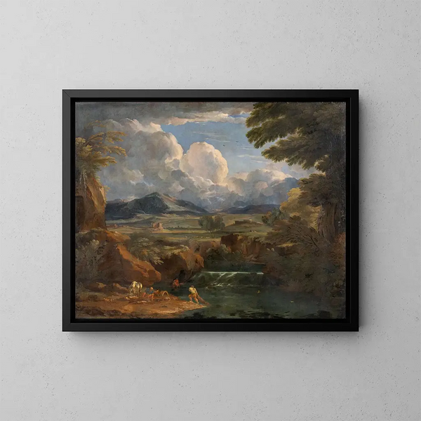 Italiaanse landschapsschilderij met rivier - Pieter Mulier de Oude — ingelijst kunstwerk aan de muur