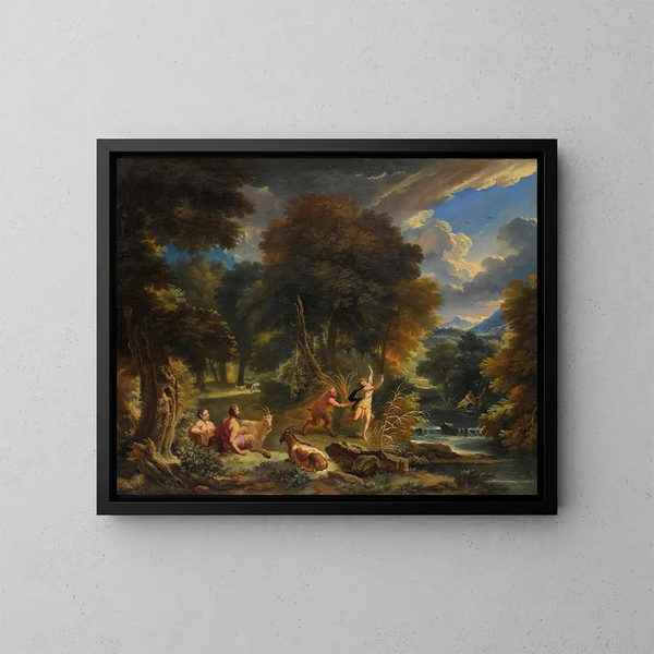 Pan en Syrinx in een rivierlandschap - Pieter Mulier de Oude — ingelijst kunstwerk aan de muur