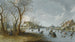 Landschap van een bevroren rivier met een man die zijn vrouw op het ijs duwt in een slee - Pieter de Bloot — weergave van het kunstwerk