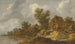 River landscape painting with a boat and fishermen, a carriage on a bridge near houses on the right - Pieter de Molijn — artwork view