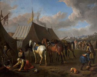 Pieter van Bloemen - Camp Scene with a Woman at the Bonfire to the Left.webp