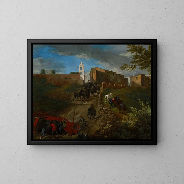 van Coachs en reizigers bij de Madonna del Riposo nabij Rome - Pieter van Bloemen — ingelijst kunstwerk aan de muur