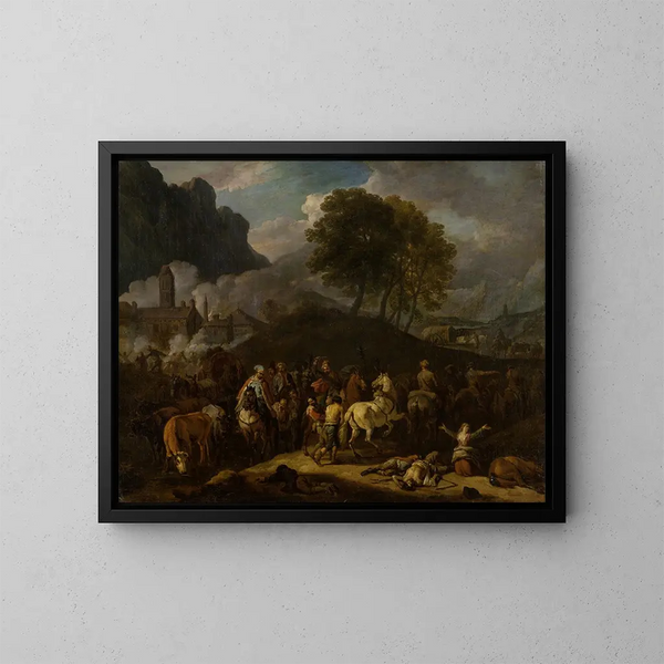 van Pieter van Bloemen | Schilderij Vertrek van de soldaten na de plundering — ingelijst kunstwerk aan de muur