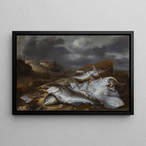 Pieter van Schaeyenborgh - Fish still life with view of Egmond.webp