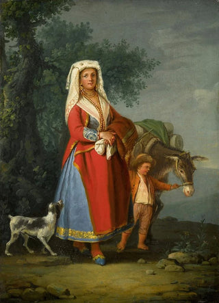 Pietro Fabris - A Young Girl In Traditional Neapolitan Dress In A Landscape Together With A Young Boy And A Donkey.webp