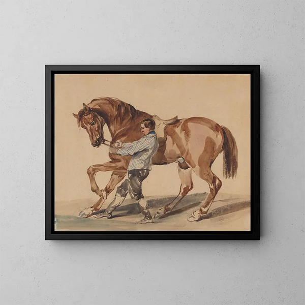 Schilders met een palefrenier en een kastanjebruine paard - Piotr Michałowski — ingelijst kunstwerk aan de muur