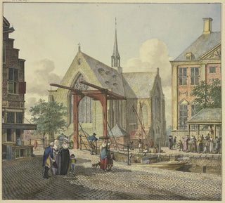 Porte de l'écluse près d'une église, à gauche une dame voilée, un officier et une dame avec un garçon - Johannes Huibert Prins