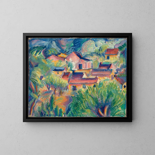 Huizen en landschap - Preston Dickinson — ingelijst kunstwerk aan de muur