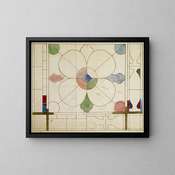 van het glas-in-loodraamproject met decoratieve quadrilobe - Prosper Lafaye — ingelijst kunstwerk aan de muur