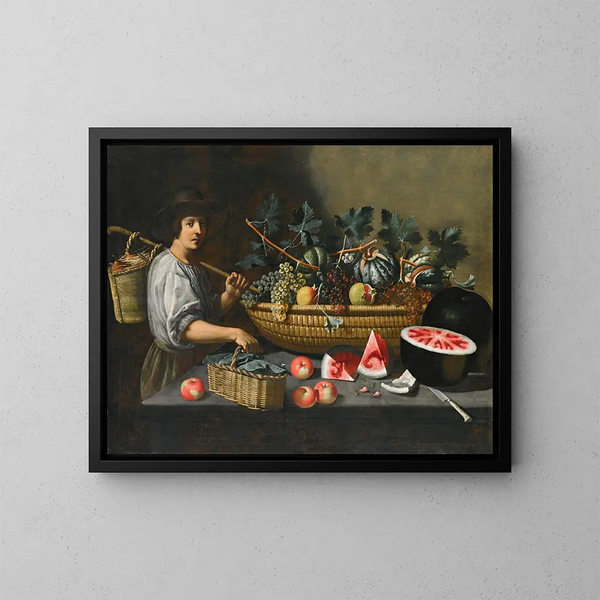 Natuurgetuigenis van druiven, meloenen en granaatappels op een stenen rand met een figuur die een mand vasthoudt links - Pseudo Pietro Paolo Bonzi — ingelijst kunstwerk aan de muur