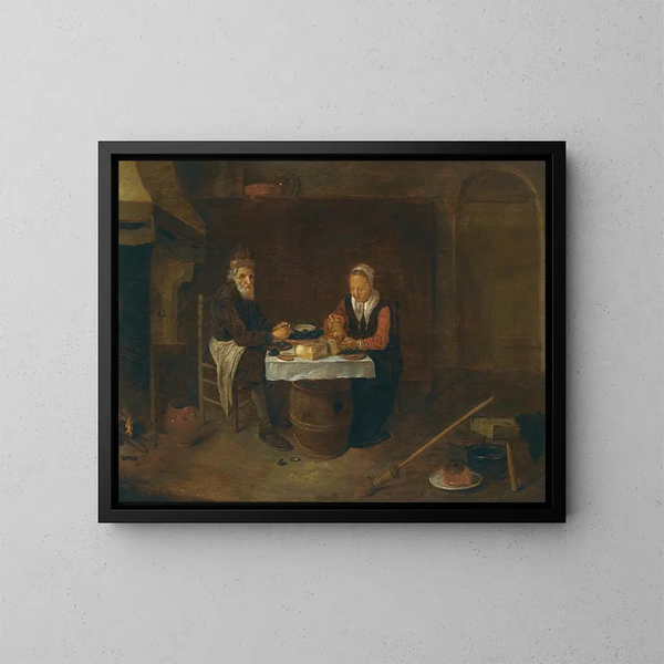 van een bescheiden interieur met een ouder echtpaar zittend aan een tafel dat mosselen en brood eet - Quirijn van Brekelenkam — ingelijst kunstwerk aan de muur